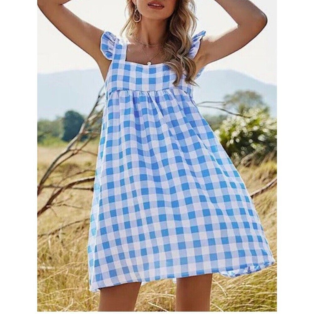 MISS SPARKLING fluter square neck mini ruffle blue gingham dress size Xl